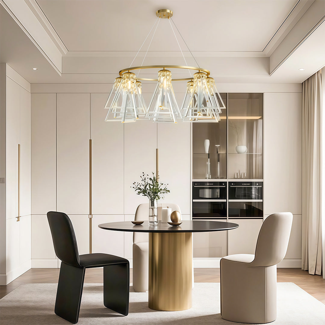 Designer contemporary crystal chandelier featuring glass shade chandelier aesthetic illuminating bright Scandinavian-style kitchen dining area.