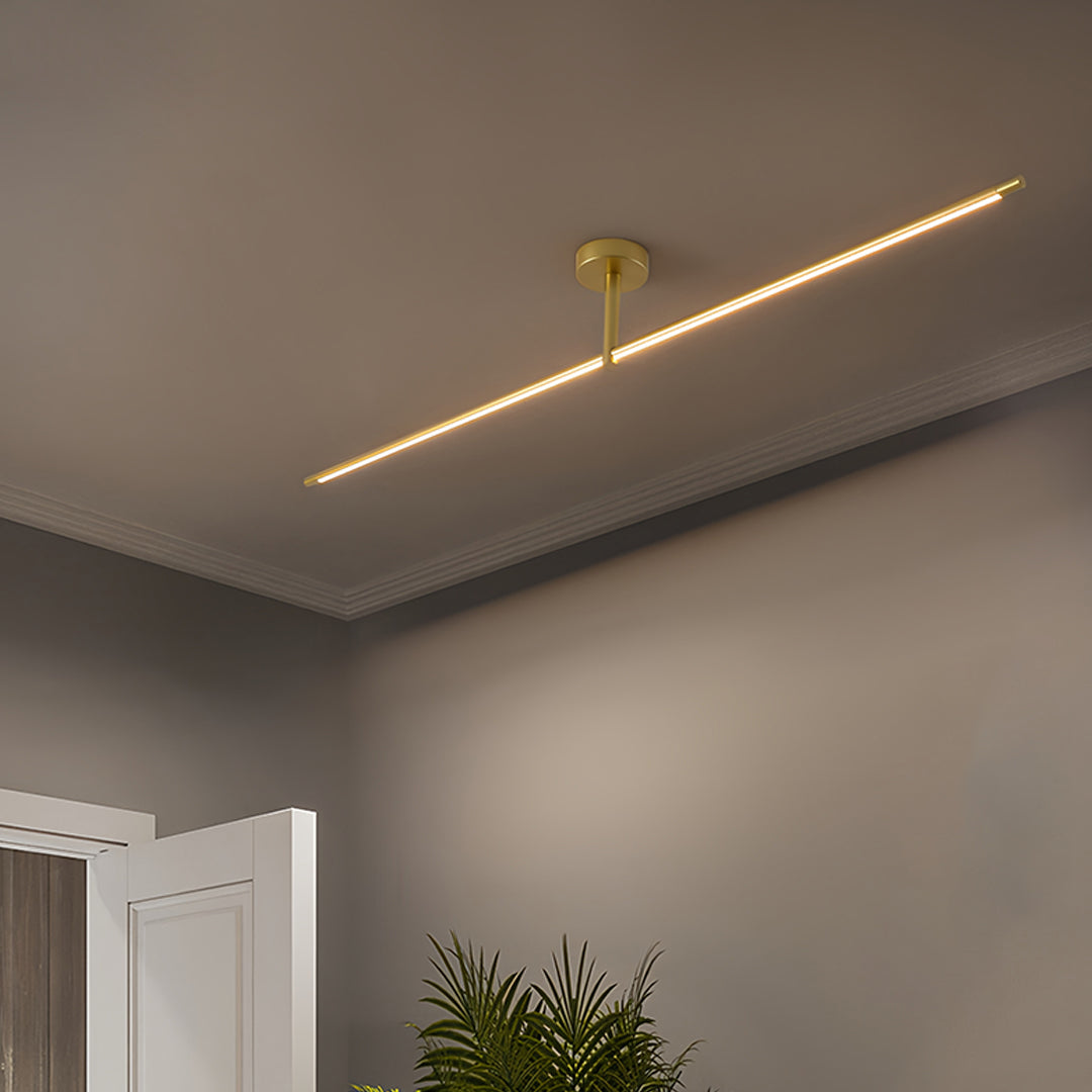 Designer linear semi flush mount light featuring warm tone LED strip for residential corridor lighting