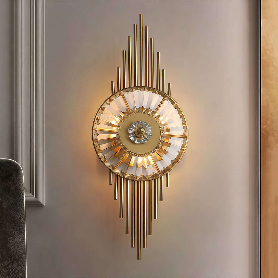 Designer crystal light wall featuring glass shade chandelier aesthetic providing sculptural accent lighting in contemporary hallway.