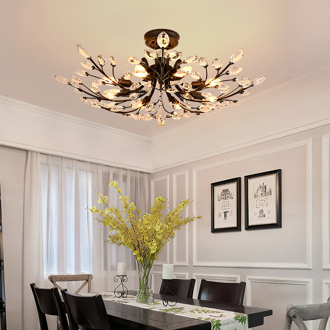 Designer crystal semi flush ceiling light with flowing black branches and premium crystal details for upscale interiors