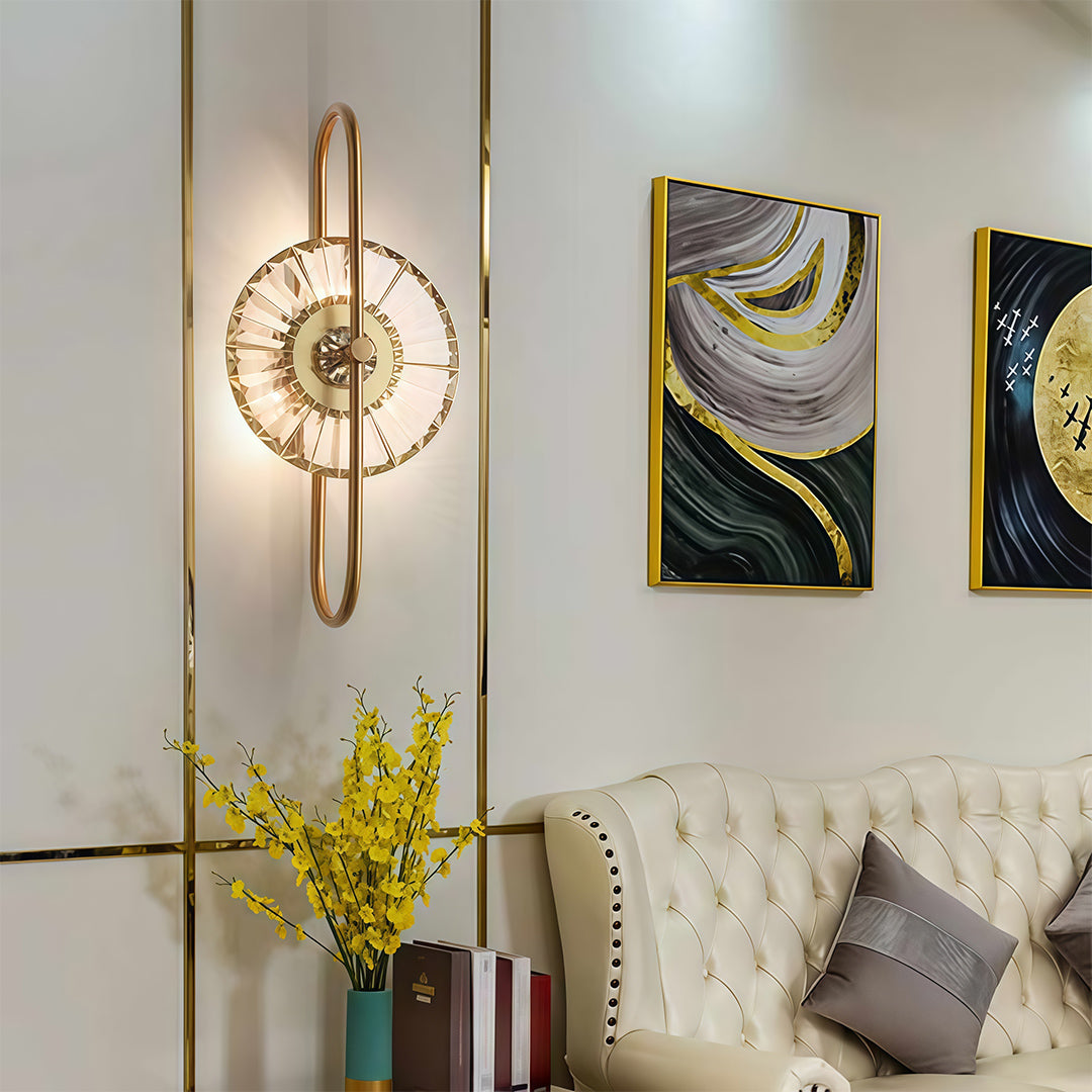 Designer crystal wall sconces lighting featuring glass shade chandelier aesthetic creating sculptural lighting in modern living room.