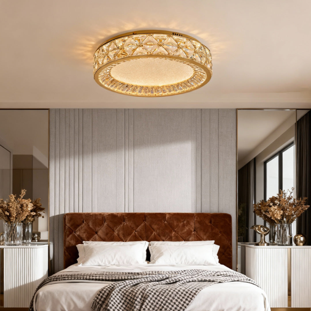 Designer decorative flush mount ceiling lights featuring glass shade chandelier aesthetic creating focal point in contemporary bedroom with city views.
