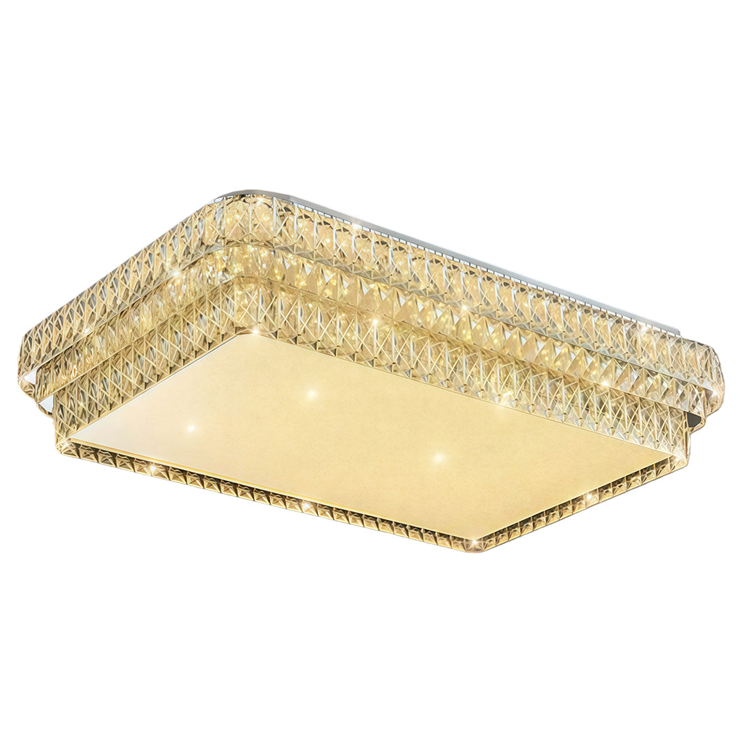 Designer flush mounted LED lights with glass shade chandelier aesthetic showcasing luxurious crystal border and gold accents.