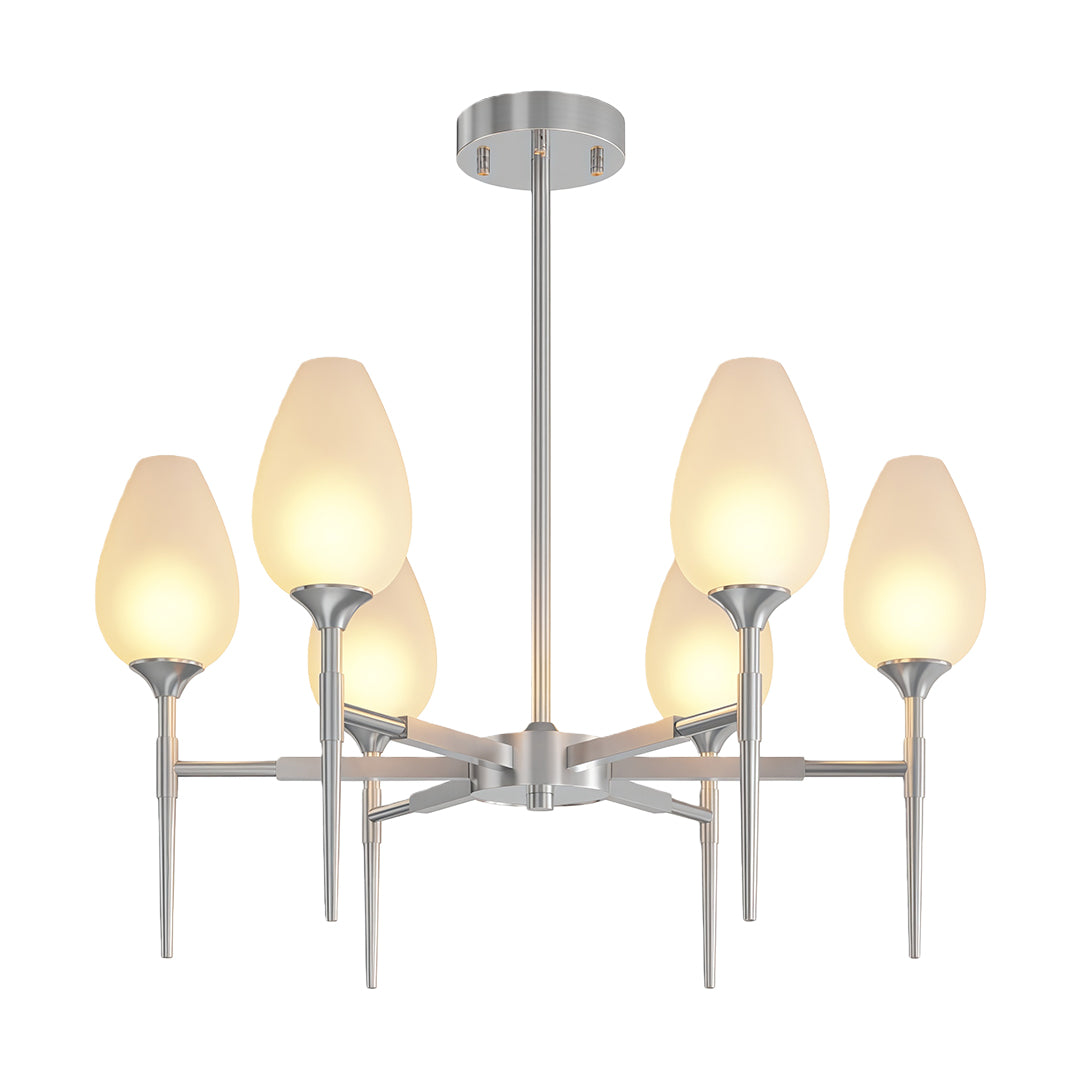 Designer glass modern chandelier featuring glass shade chandelier styling in chrome with geometric mid-century modern design.