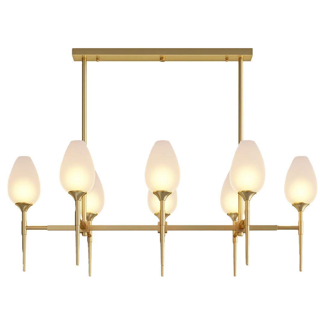 Designer glass modern chandelier with glass shade chandelier aesthetic in brushed gold featuring linear island configuration.