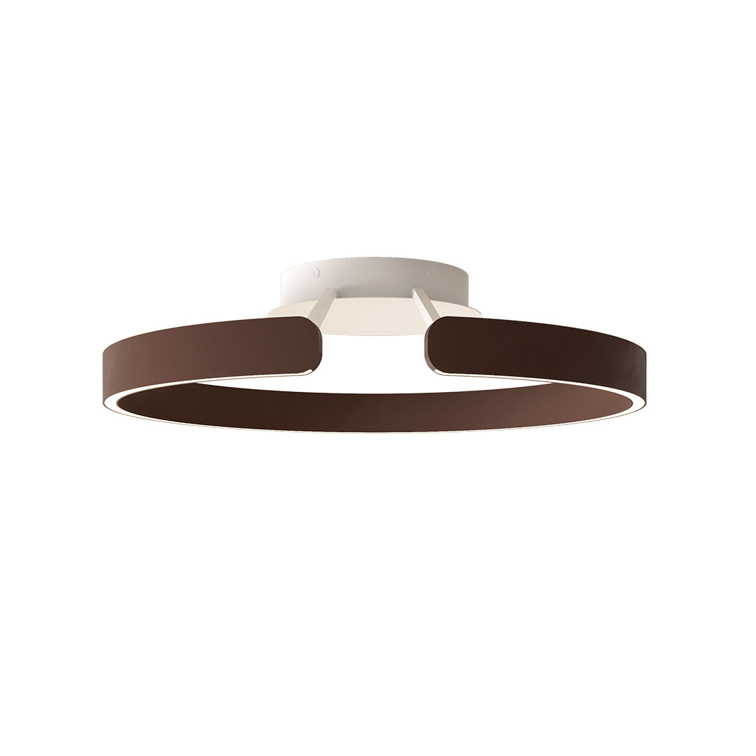 Designer halo flush mount ceiling light with glass shade chandelier aesthetic in rich walnut brown with integrated LED ring.