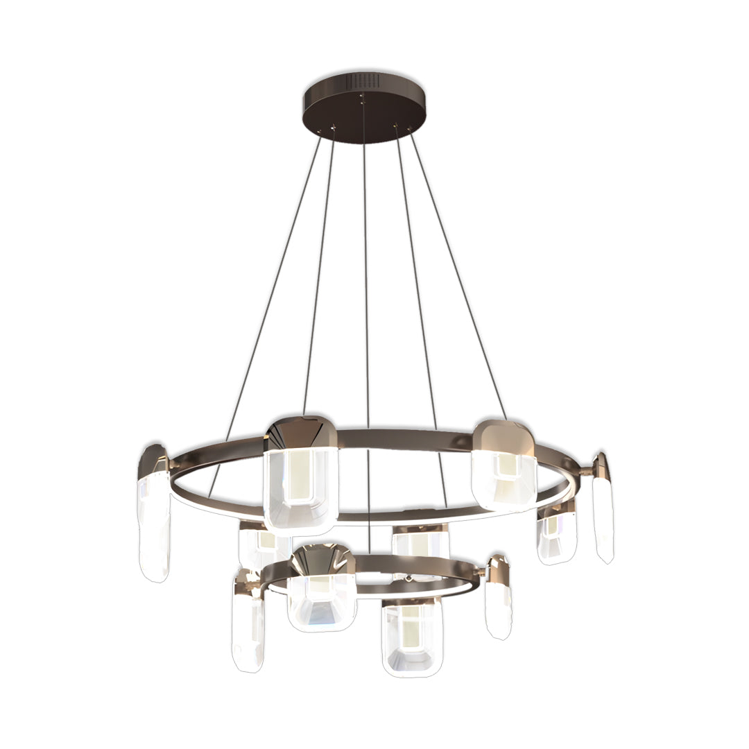 Designer italian crystal chandelier presenting tiered circular design with square crystal glass elements and bronze hardware