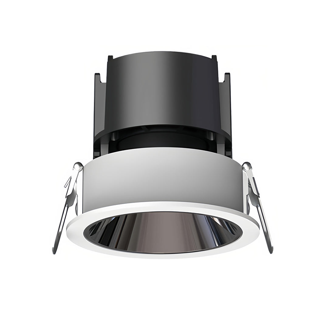 Designer LED indoor ceiling spotlights with glass shade chandelier influence highlighting bedroom artwork with focused beams.