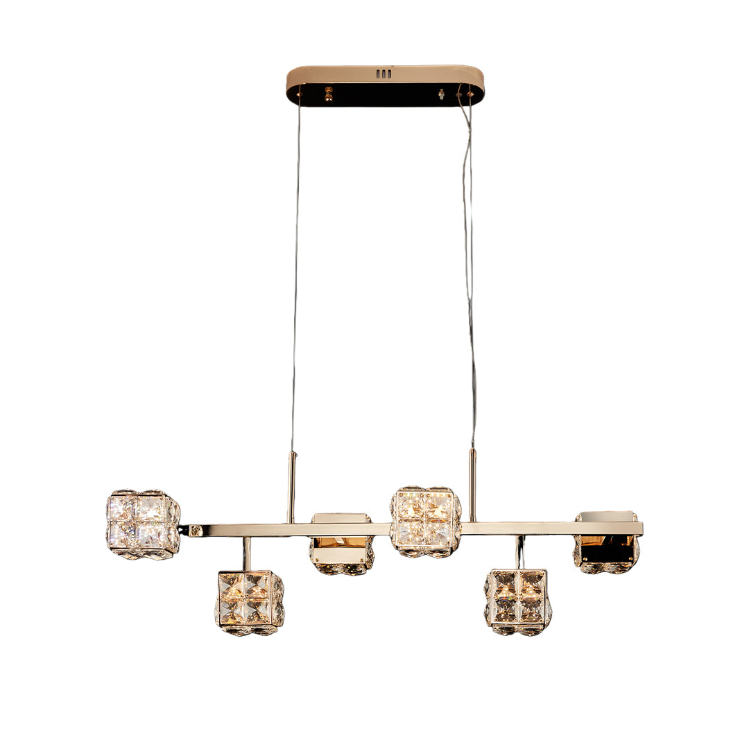Designer luxury chandeliers crystal with glass shade chandelier aesthetic in linear configuration with rectangular crystal shades.