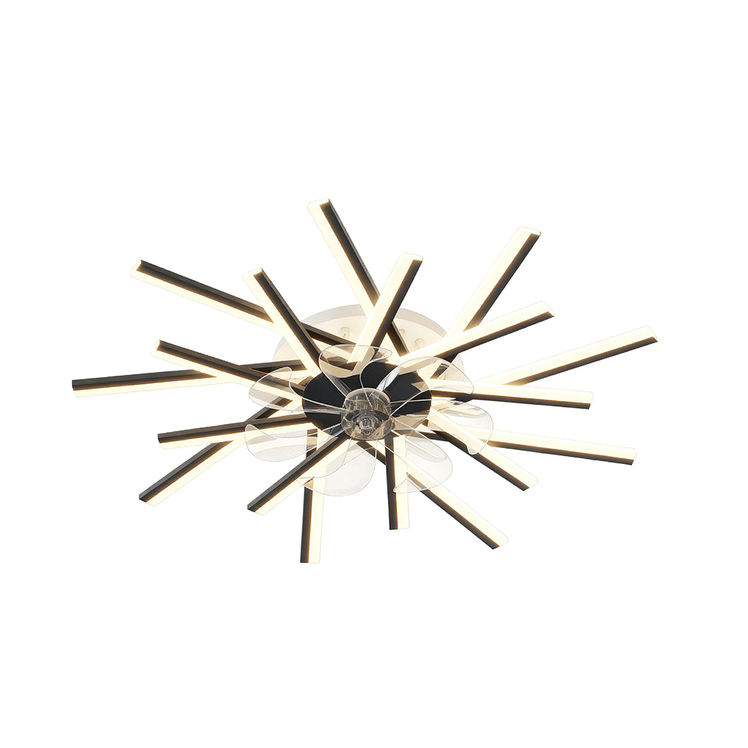 Designer metal ceiling fan with light featuring dark bronze finish and geometric blade pattern
