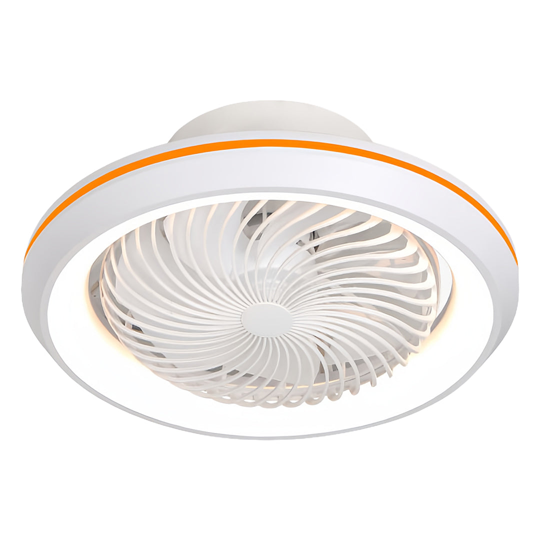Designer modern ceiling fan with lights featuring orange accent ring and contemporary LED technology for vibrant spaces