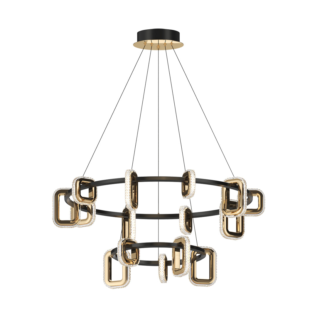 Designer modern gold chandeliers presenting circular frame with geometric rectangular glass elements in mixed metal finish