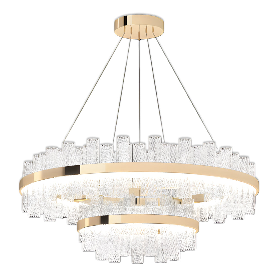 Designer modern led lighting chandelier with dual-ring configuration and layered crystal glass elements in champagne tone