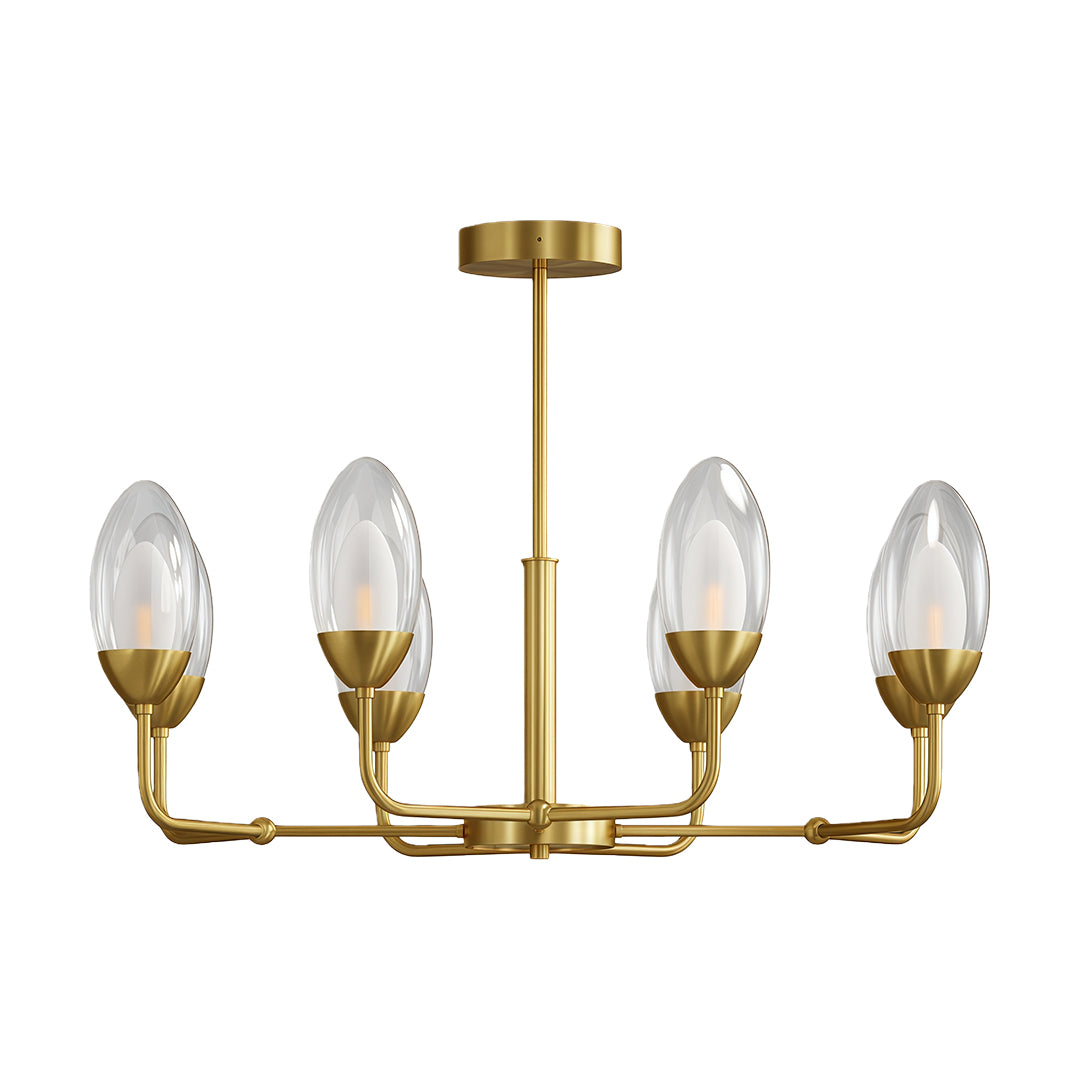 Designer modern minimalist chandelier with glass shade chandelier aesthetic in brushed gold featuring four-light arrangement.