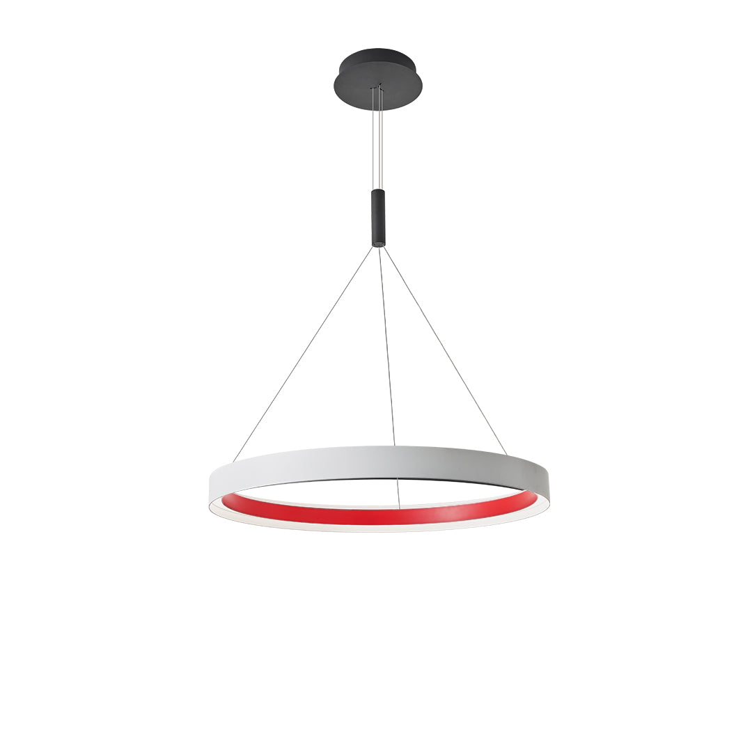 Designer modern ring chandelier featuring glass shade chandelier influence in compact black ring with red inner glow.