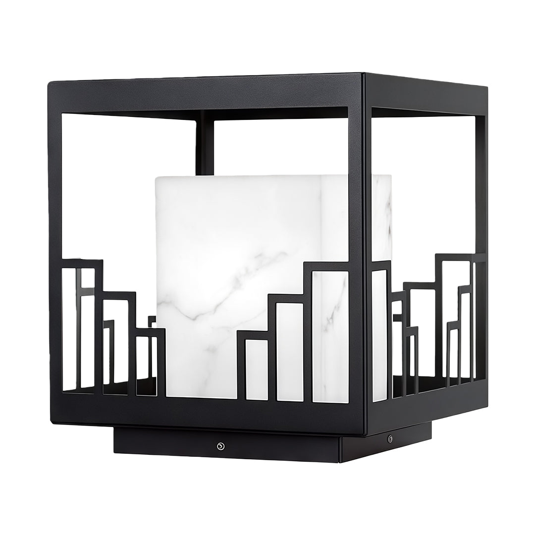 Designer outdoor pillar light featuring glass shade chandelier aesthetic in cubic metal frame with geometric architectural detail.
