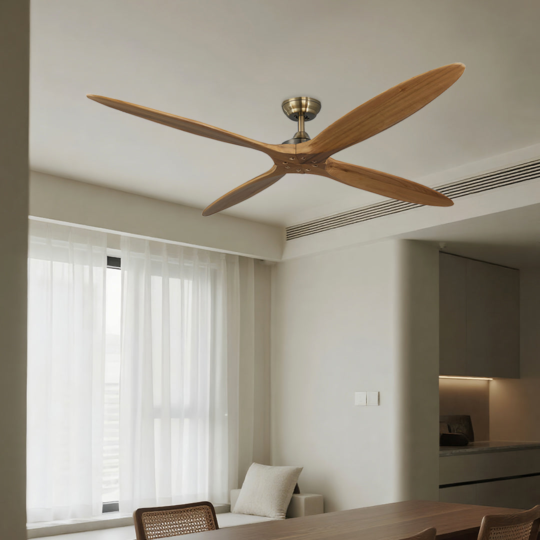 Designer wooden remote controlled ceiling fan in bright modern interior with white walls