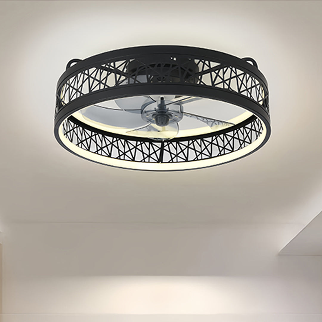 Designer round ceiling fan with light in black finish mounted in contemporary interior space