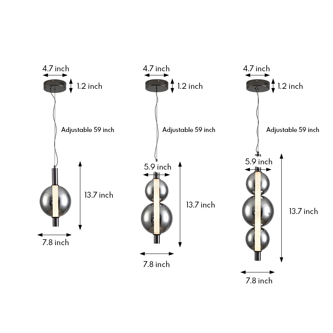 Designer modern silver pendant light with clear spherical fixture in contemporary living room setting