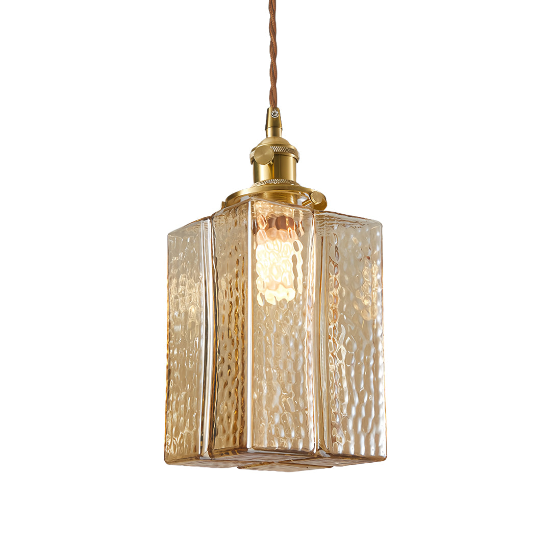 Designer square glass pendant light with textured clear glass and vintage brass finish for sophisticated spaces