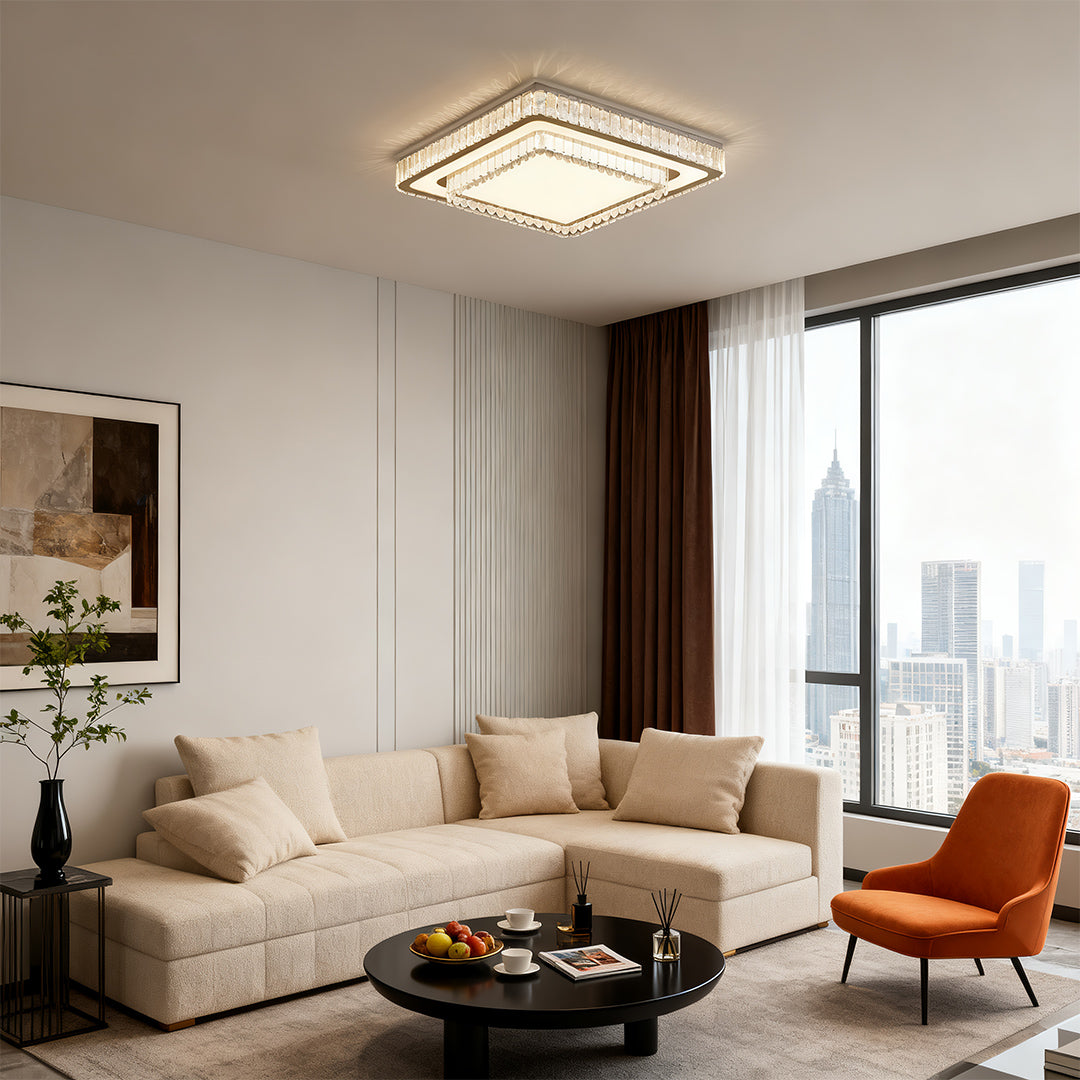 Designer square modern flush mount light fixtures with glass shade chandelier aesthetic in bright modern living room.