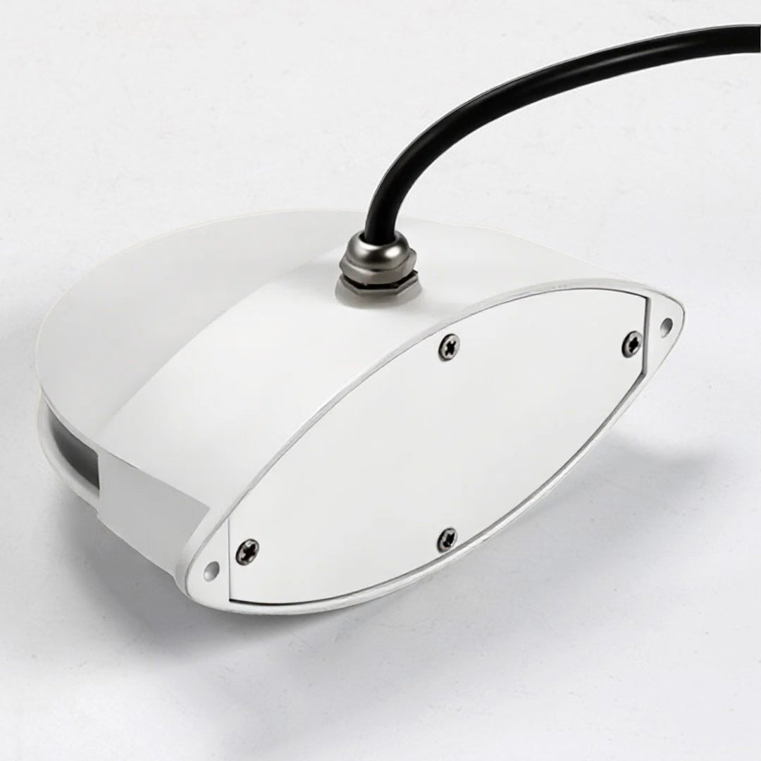 Designer white outdoor wall lights with glass shade chandelier aesthetic in adjustable gooseneck design for directional lighting.