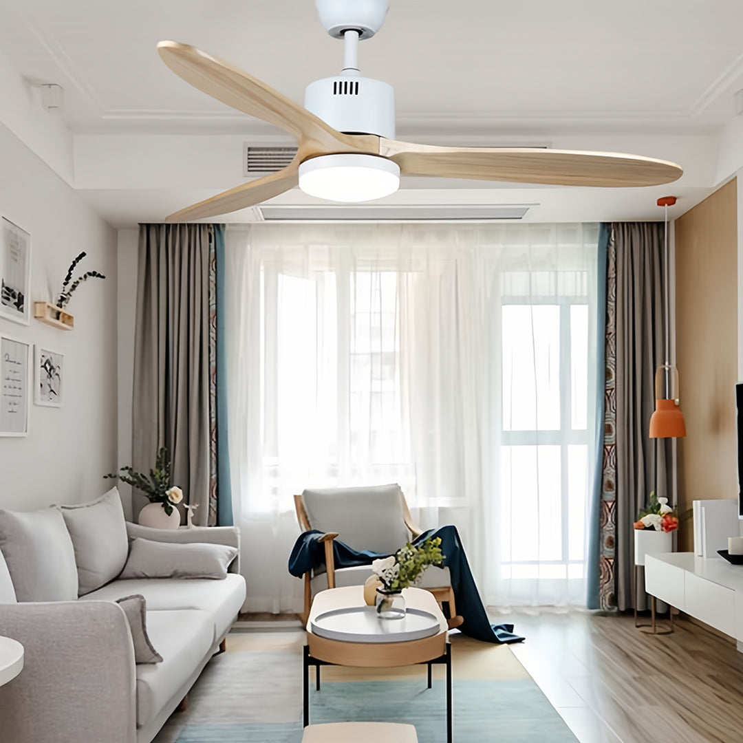 Designer wooden ceiling fan with light featuring rich wood grain in elegant room setting