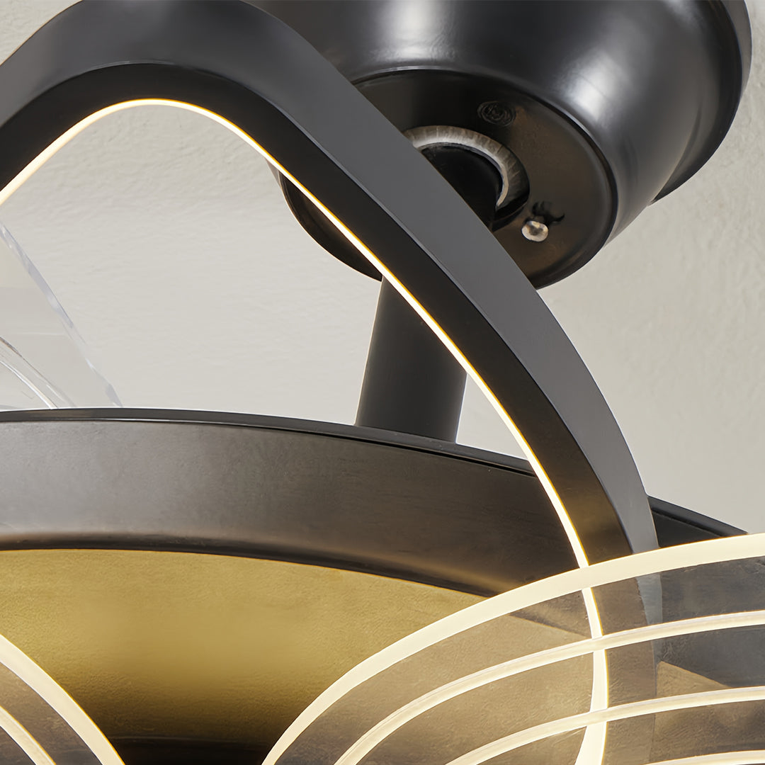 Detail view of black modern ceiling fan blade showing sleek curved design and integrated lighting
