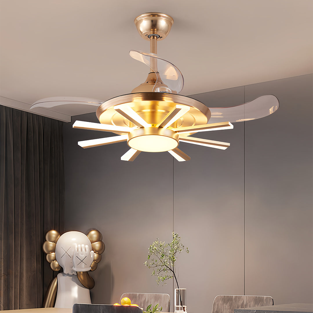 Detail view of black modern ceiling fan blade showing sleek curved design and integrated lighting