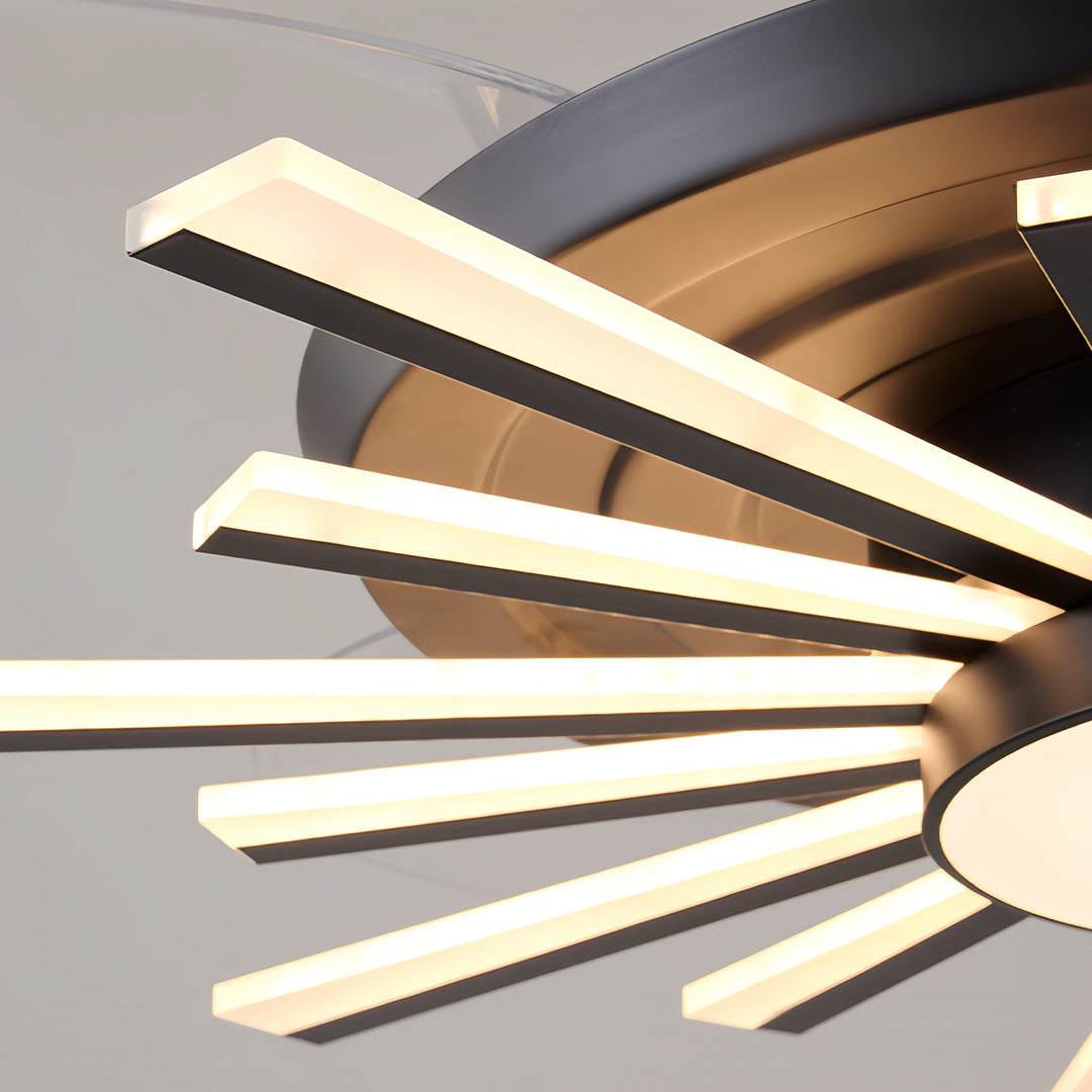 Detail view of black modern ceiling fan blade showing sleek curved design and integrated lighting
