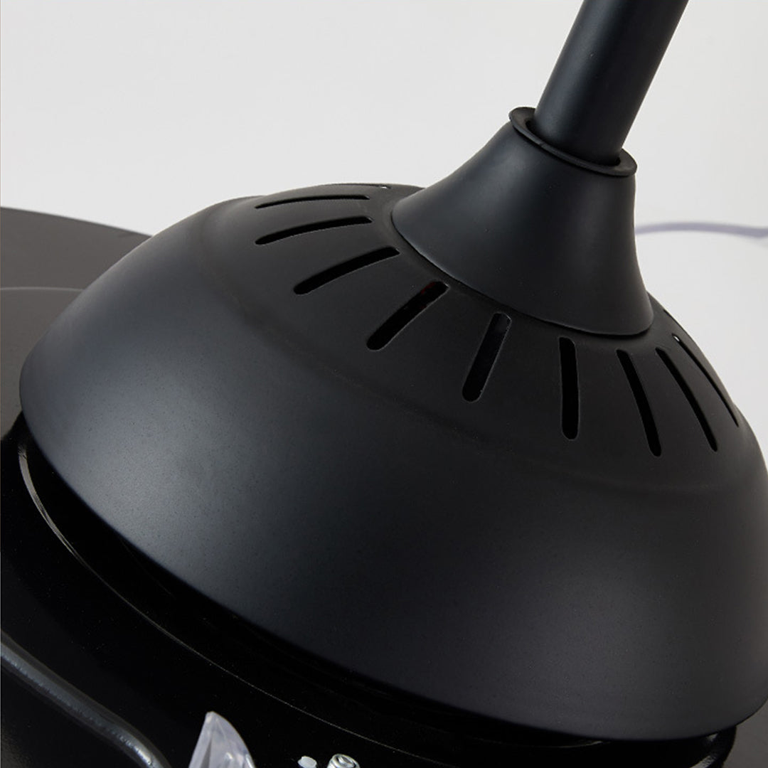 Detail view of black modern ceiling fan blade showing sleek curved design and integrated lighting