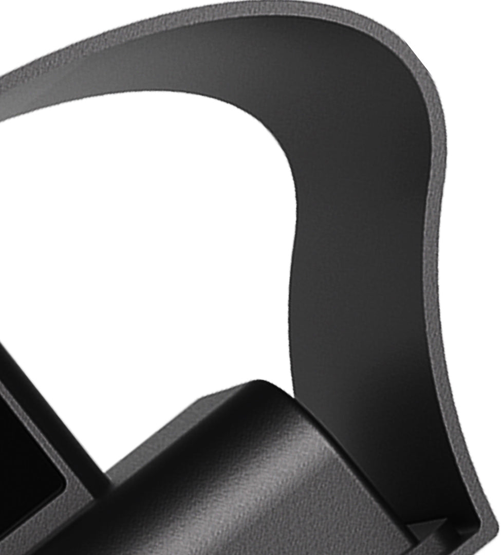 Detail view of black outdoor up down wall light showing curved body profile