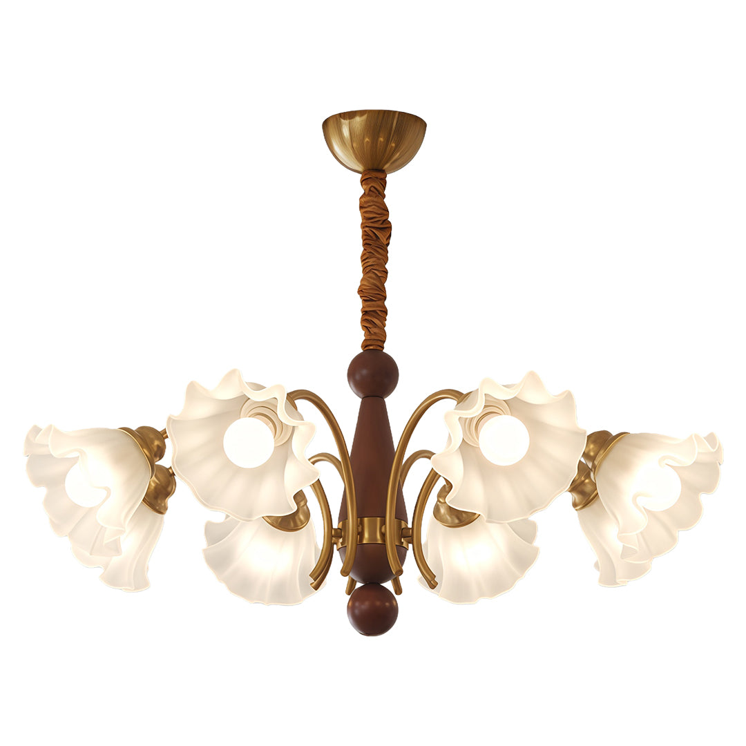 Detail view of crystal vintage chandelier showing individual frosted glass flower shade with brass arm and central wood post.