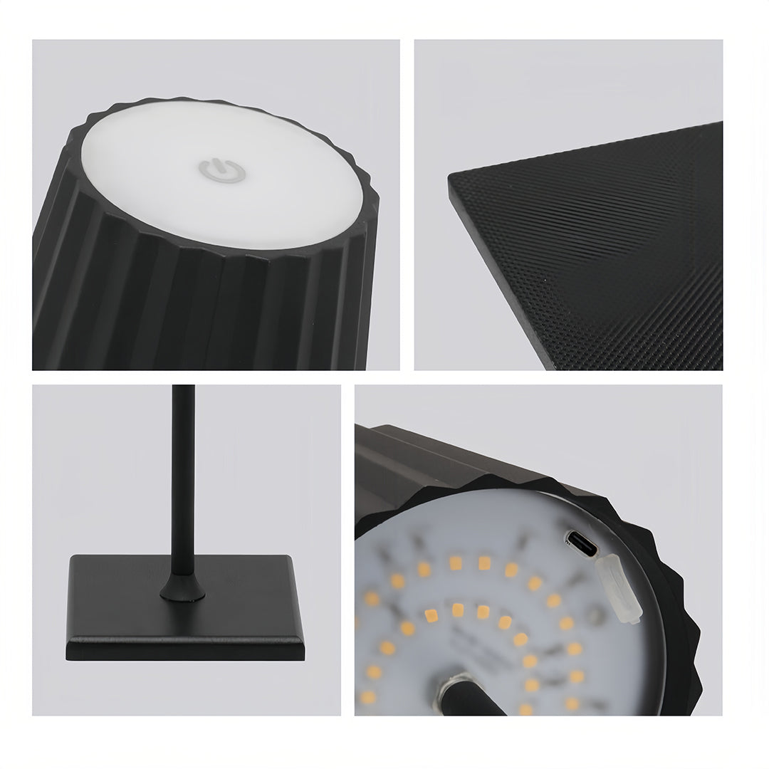 Detail shots of modern metal table lamp showcasing textured black shade and premium base construction
