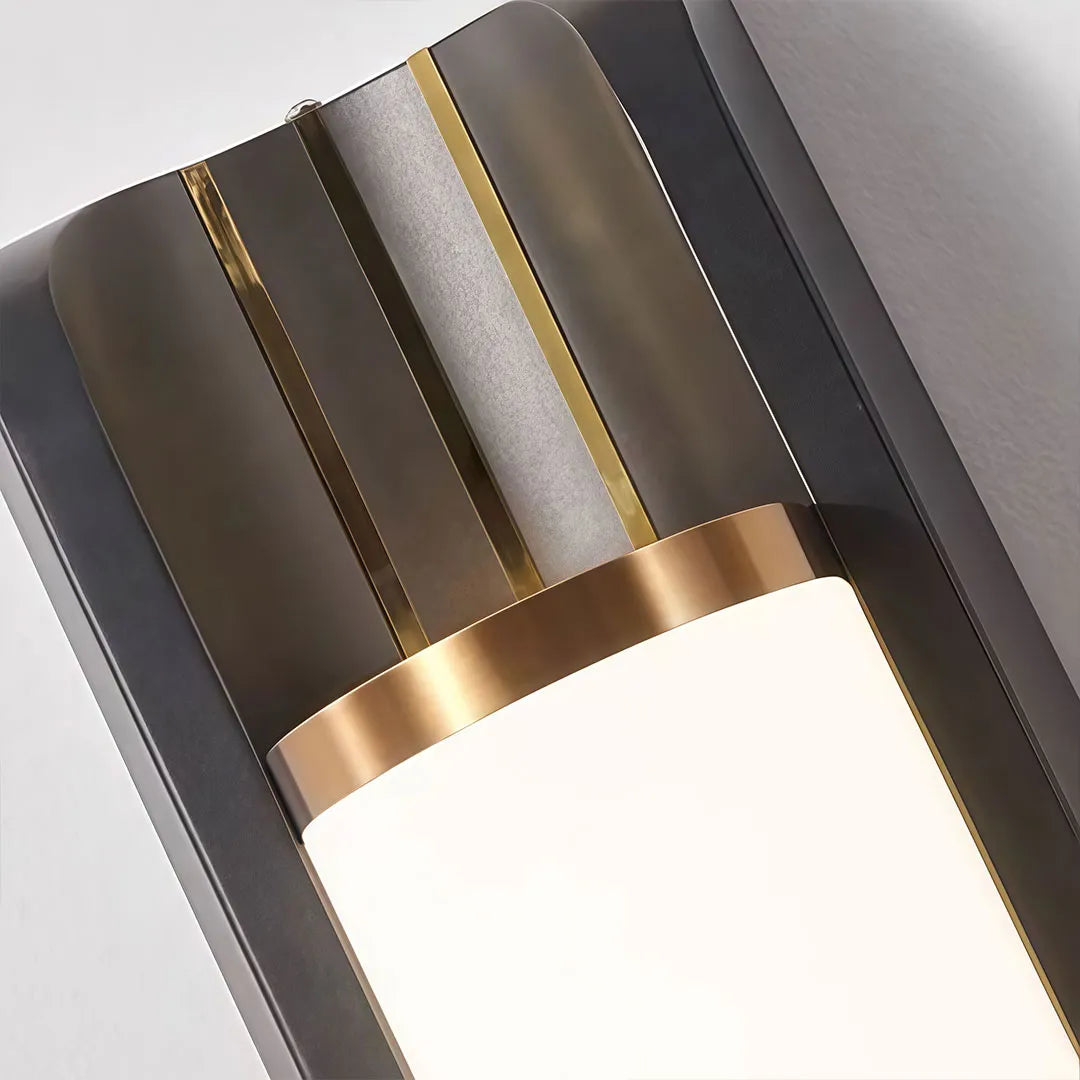 Up down outdoor wall sconce detail highlighting the frosted diffuser and black aluminum frame.
