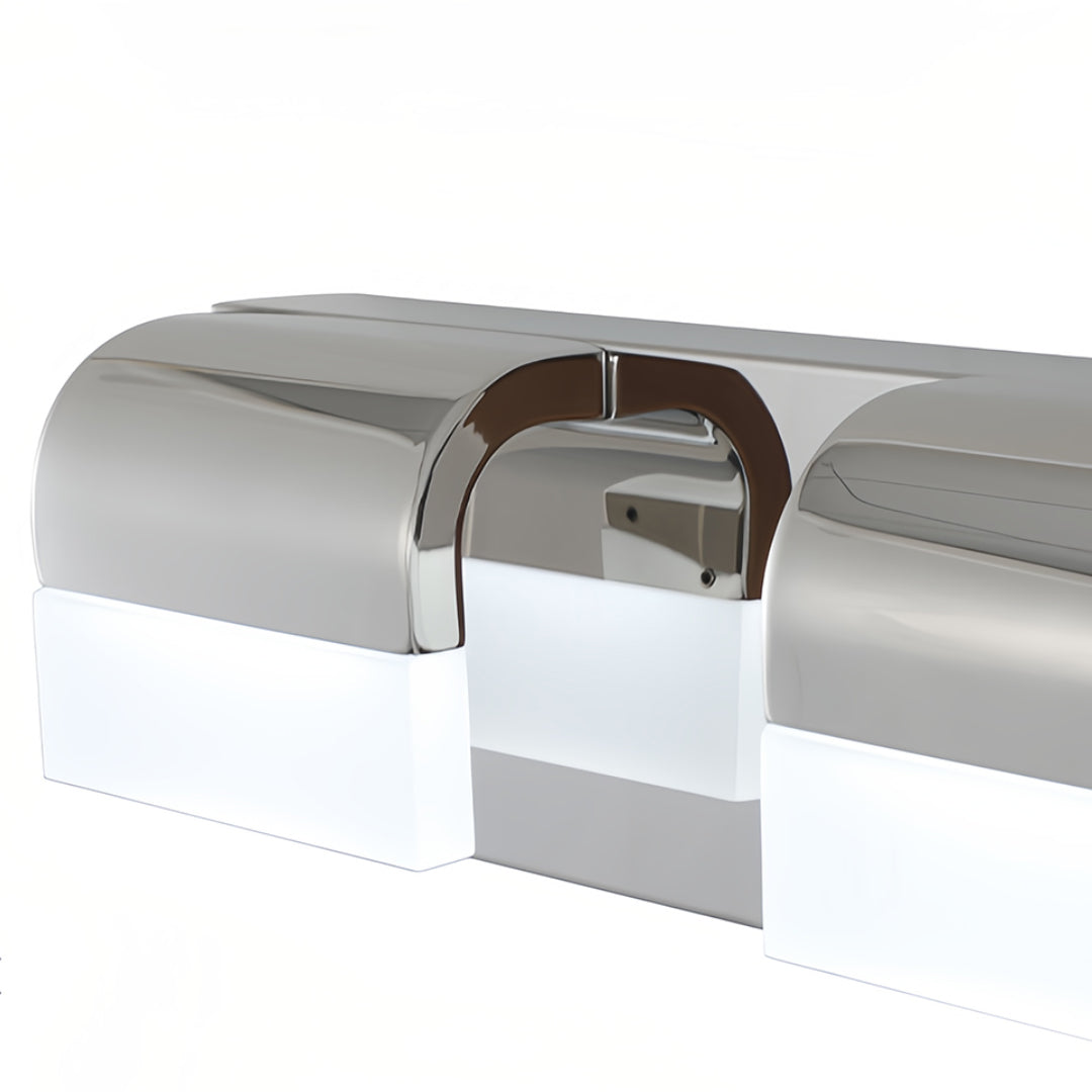 Detailed view of black vanity lighting for bathroom fixture with glass shade chandelier styling and mounting bracket.