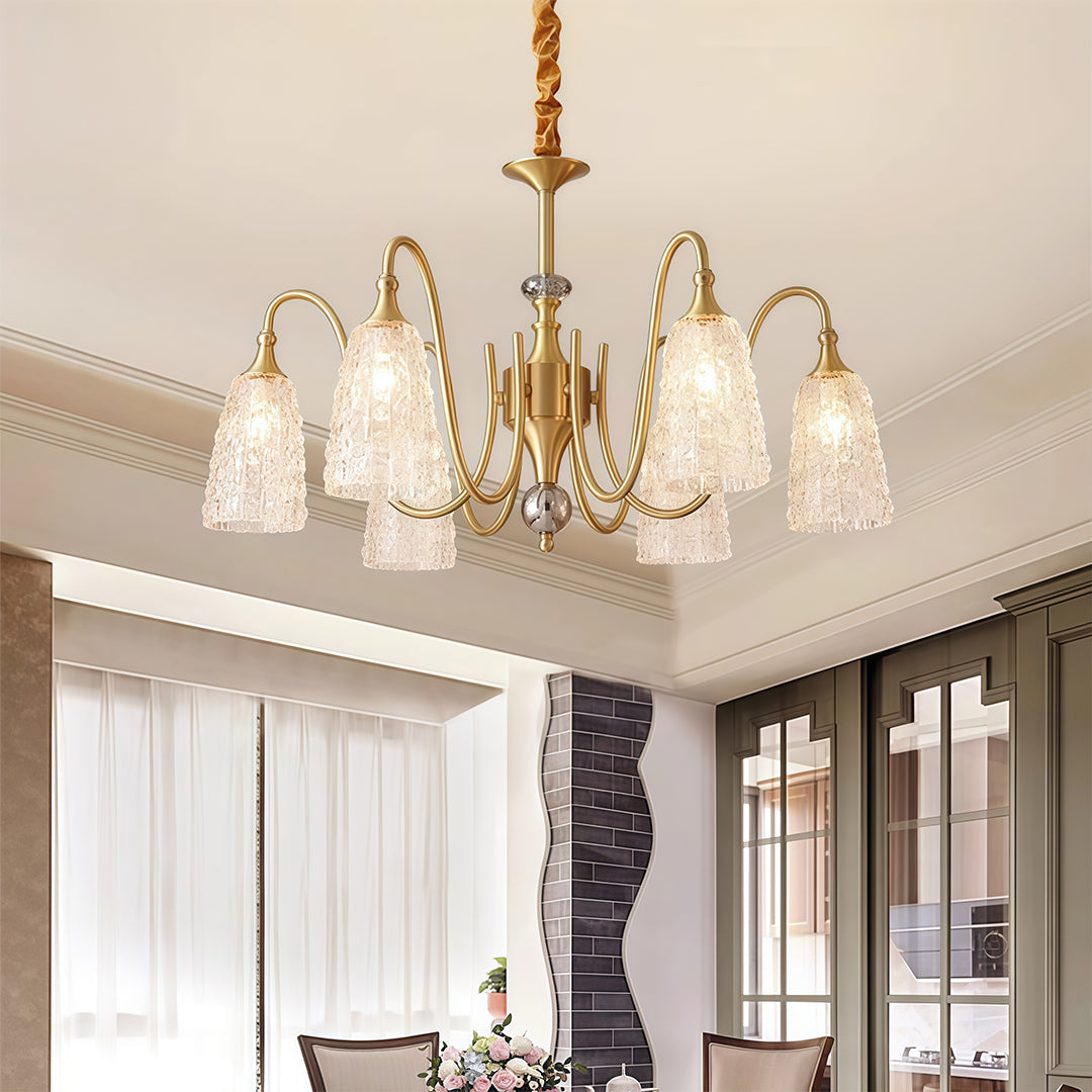 Detailed view of a brass vintage chandelier, emphasizing the craftsmanship and elegant design.