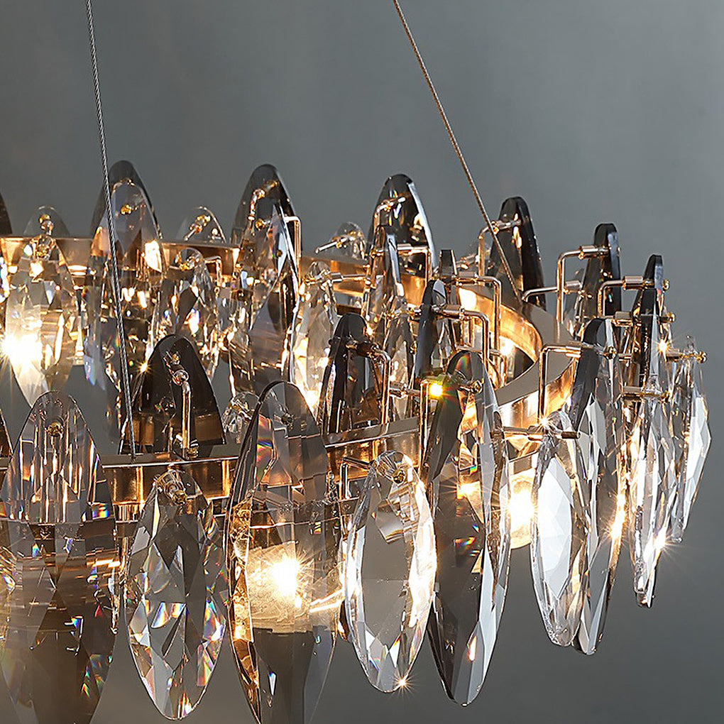 Detailed view of the chandelier with crystals showing smoky grey and clear faceted glass.