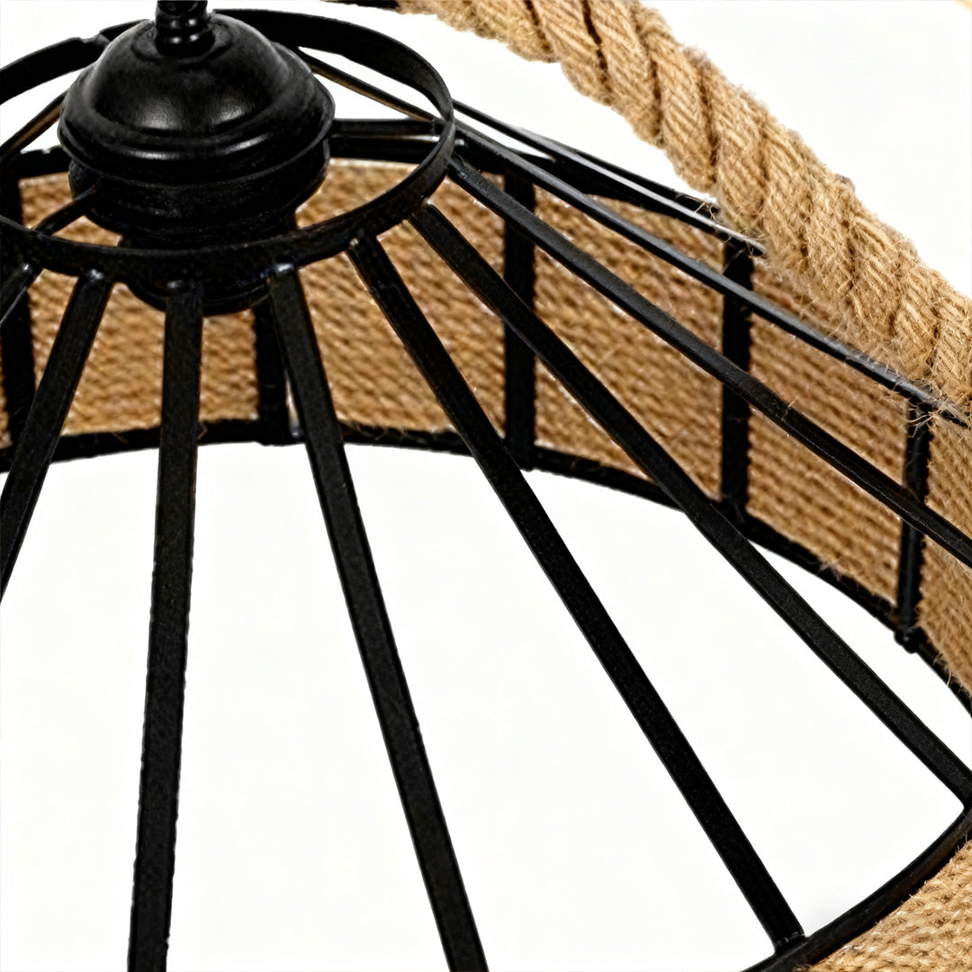 Detailed view of circular pendant light frame, close-up of black metal and rope design