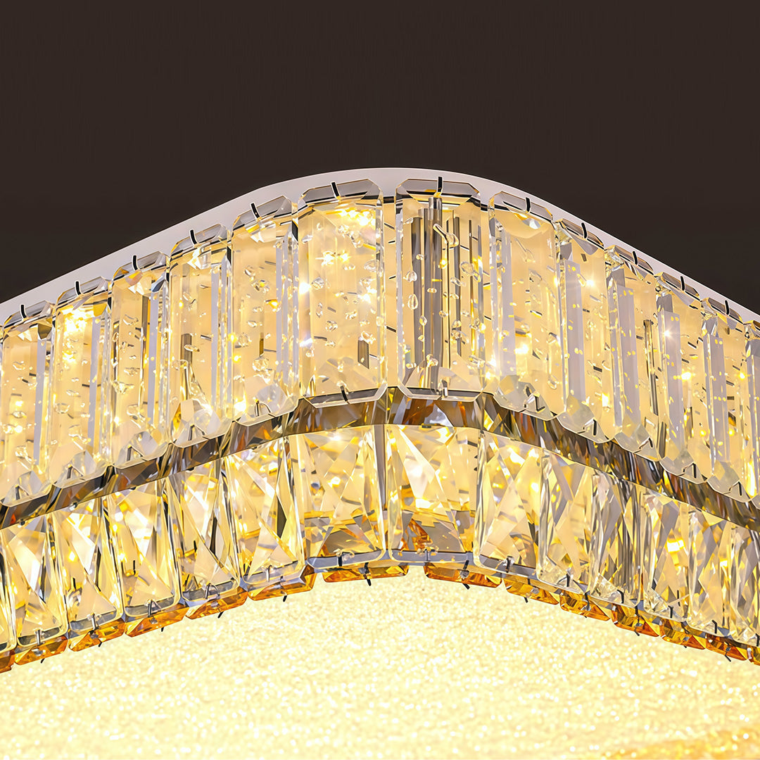 Detailed corner view of contemporary flush mount lighting showing glass shade chandelier inspired multi-layer crystal construction.