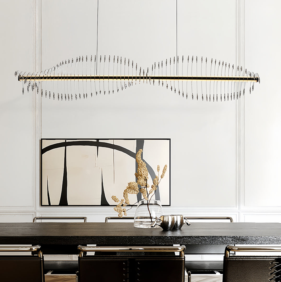 Contemporary spiral chandelier showcasing detailed crystal construction with curved form and close-up craftsmanship view