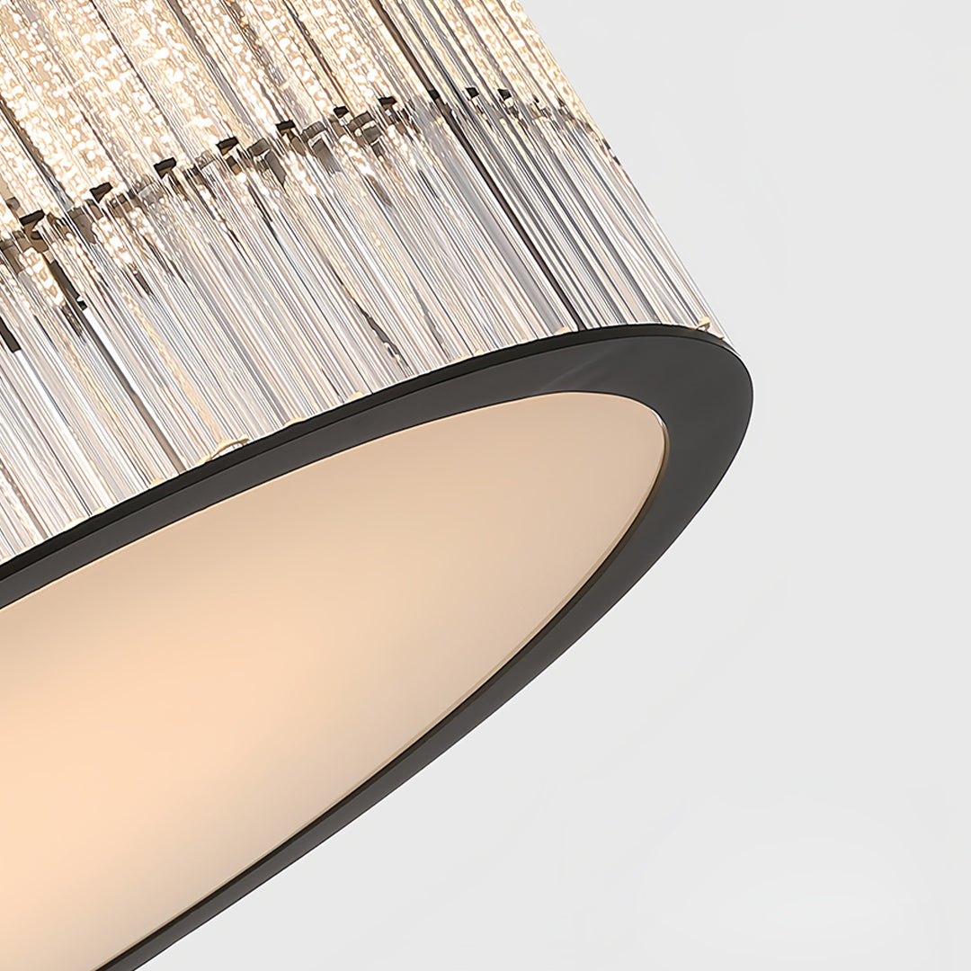 Detailed view of crystal flush mount ceiling lights with a focus on the crystal embellishments and light diffusion.
