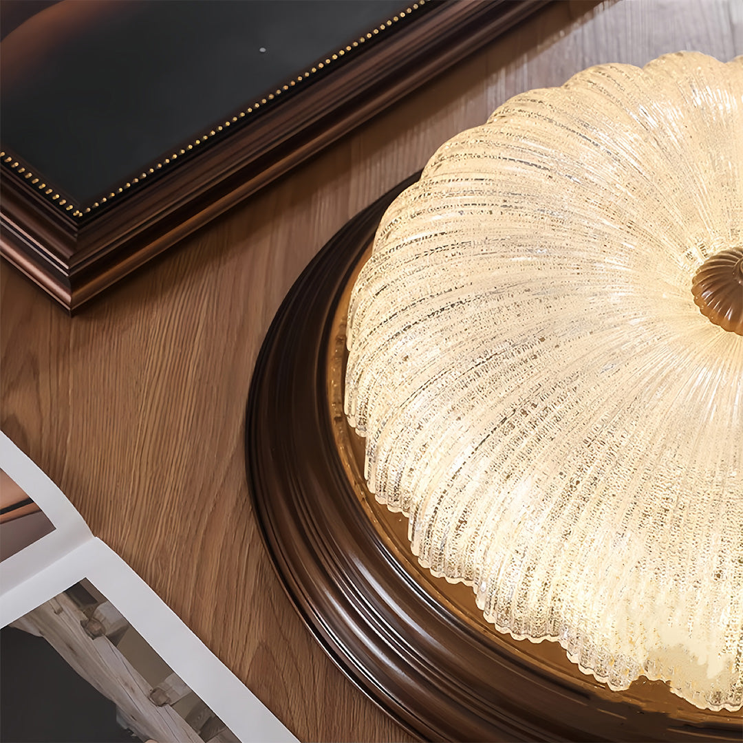 Detailed view of retro flush mount ceiling light crystals, close-up of vintage-inspired design