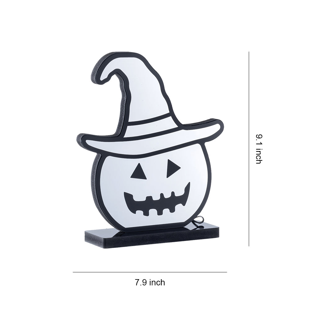 Detailed dimension chart for the tabletop halloween pumpkin lights with witch hat, measuring 9.1 inch tall and 7.9 inch wide.