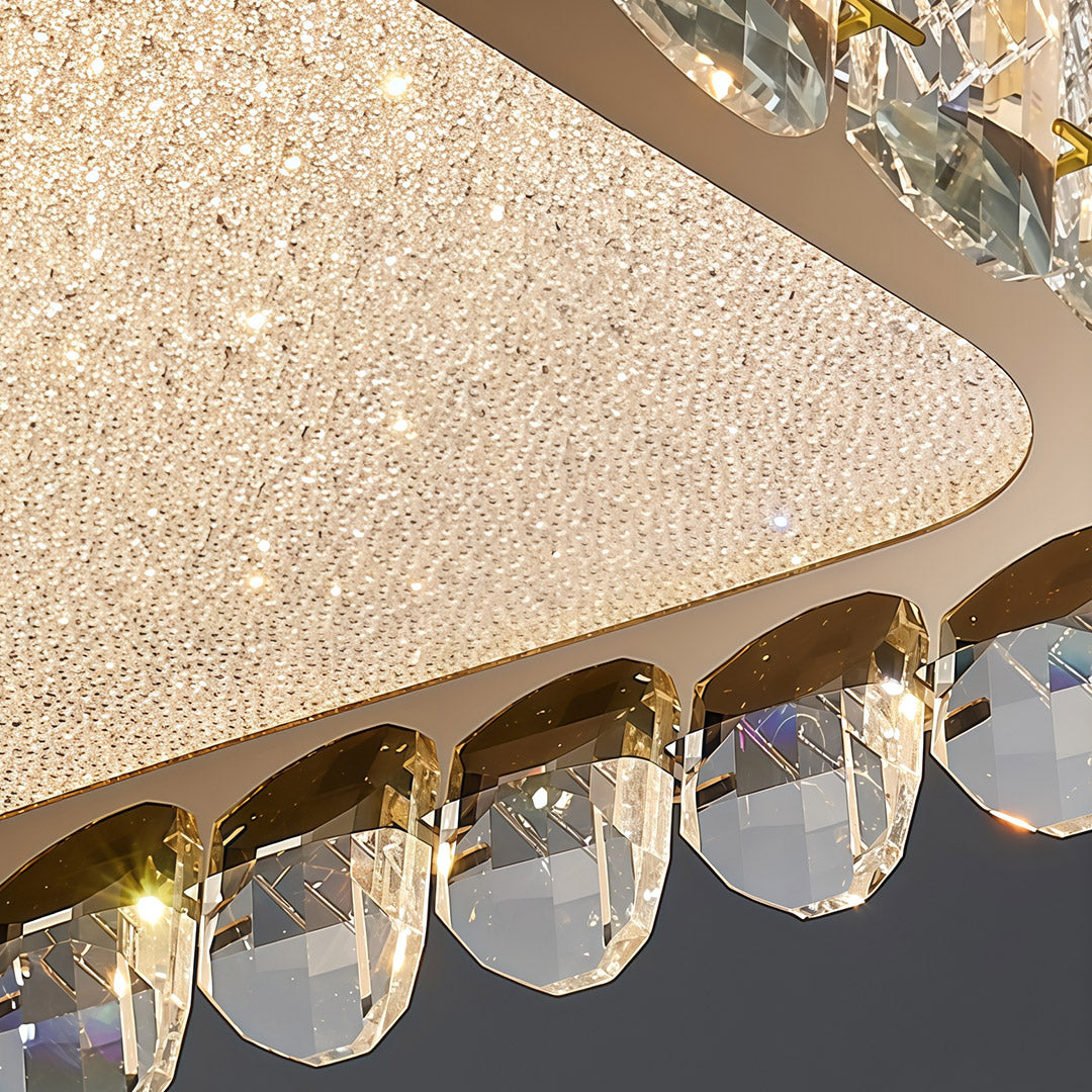 Detailed corner view of flush mounted LED lights featuring glass shade chandelier aesthetic with crystal embellishments.