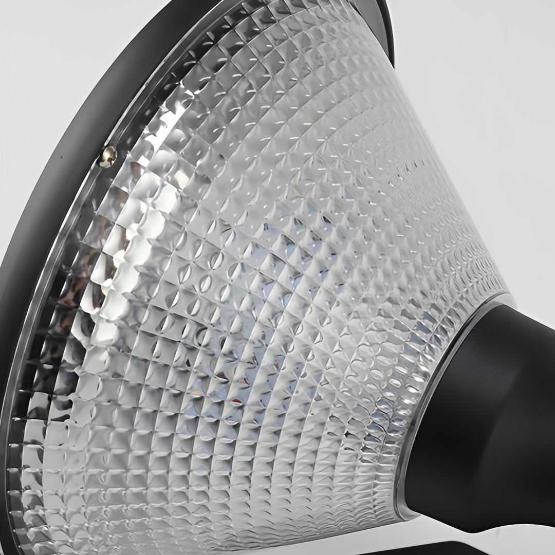 Detailed view of funnel wall light glass shade with a ribbed texture for even light diffusion.