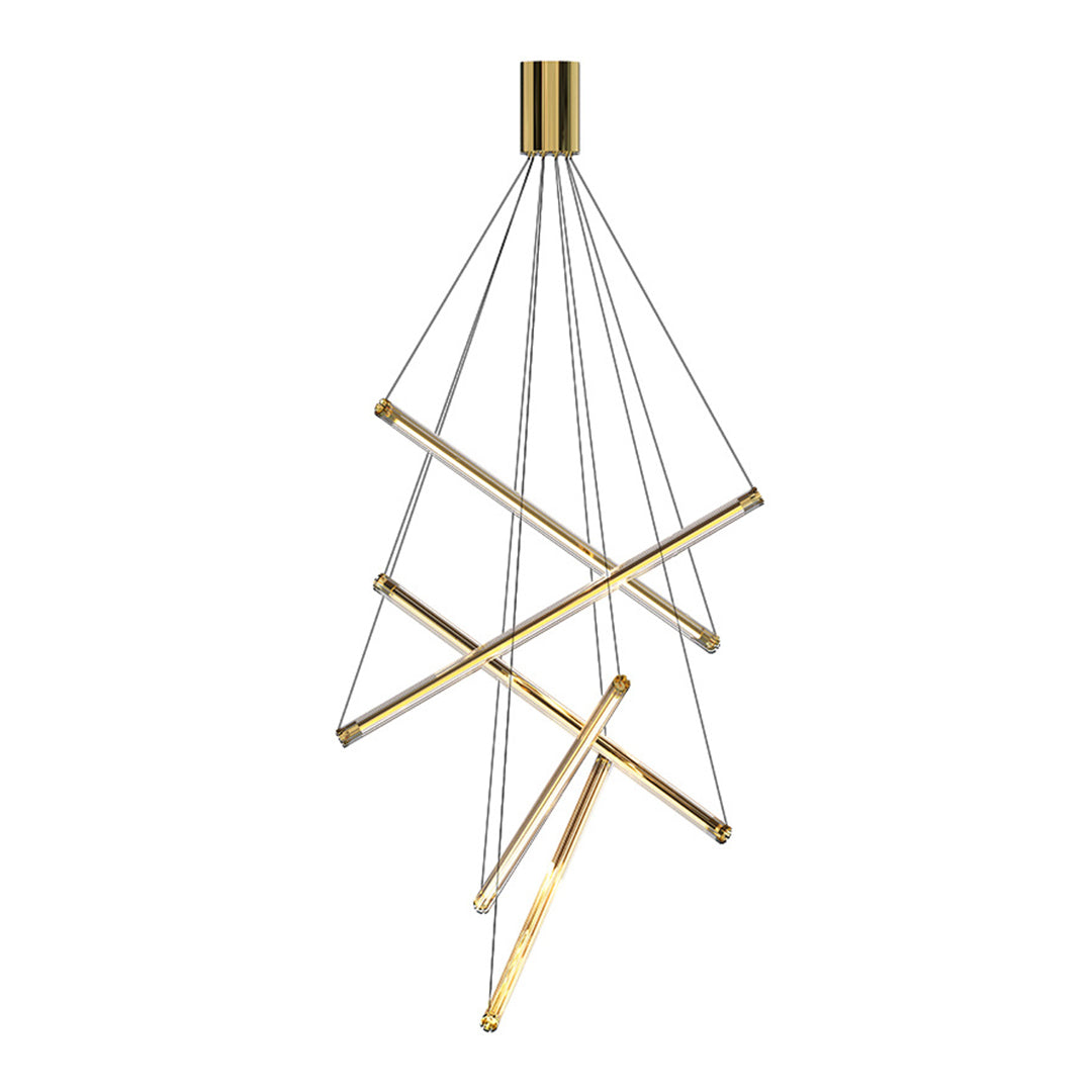 Detailed view of a LED linear chandelier with gold bars and cables, highlighting its clean lines and modern aesthetic.