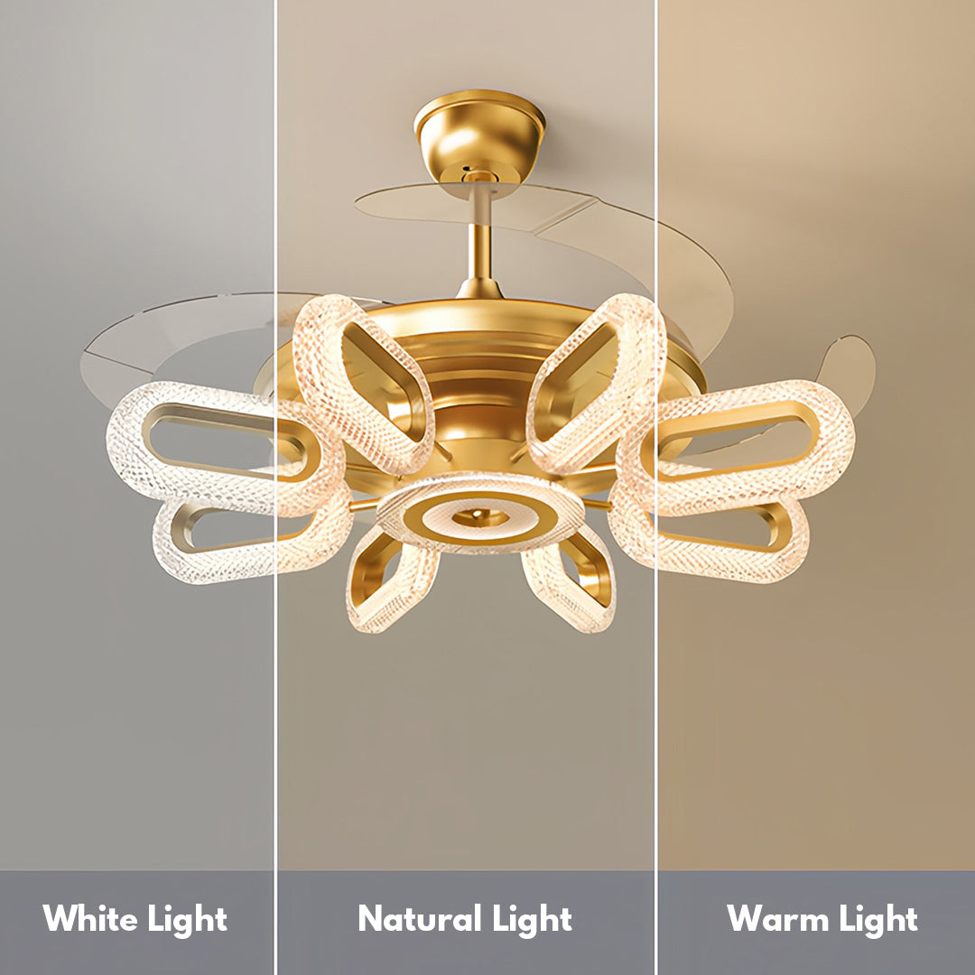 Detailed view of gold ceiling fans with lights, emphasizing the unique and luxurious blade design