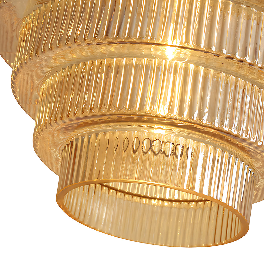 Detailed view of honeycomb pendant light layers, intricate geometric design and texture