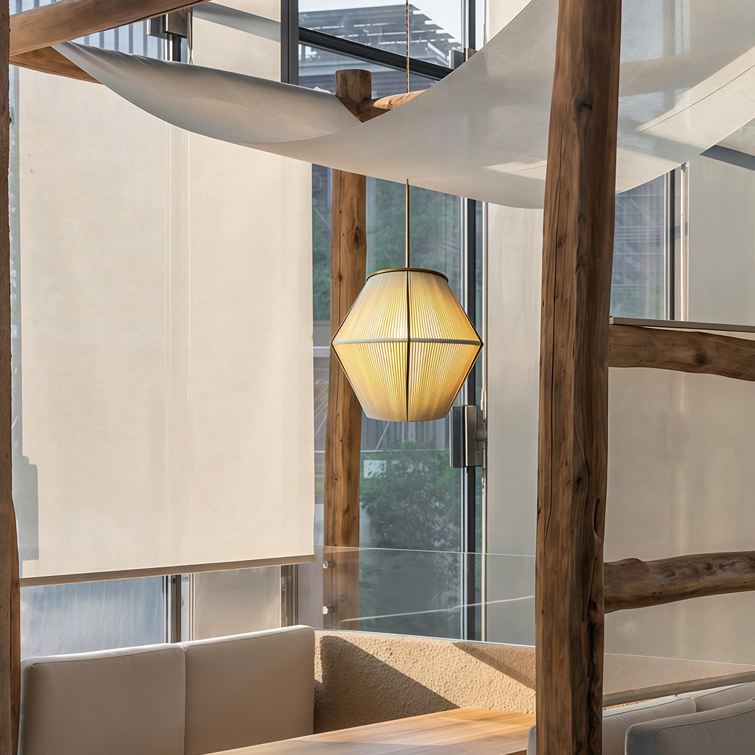 Detailed view of a Japanese-style pendant light with clean lines and elegant curves, ideal for modern spaces.